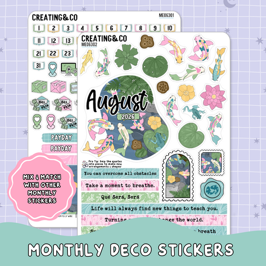 Tranquil Pond August Decorative & Functional Planner Sticker Kit  - ME063