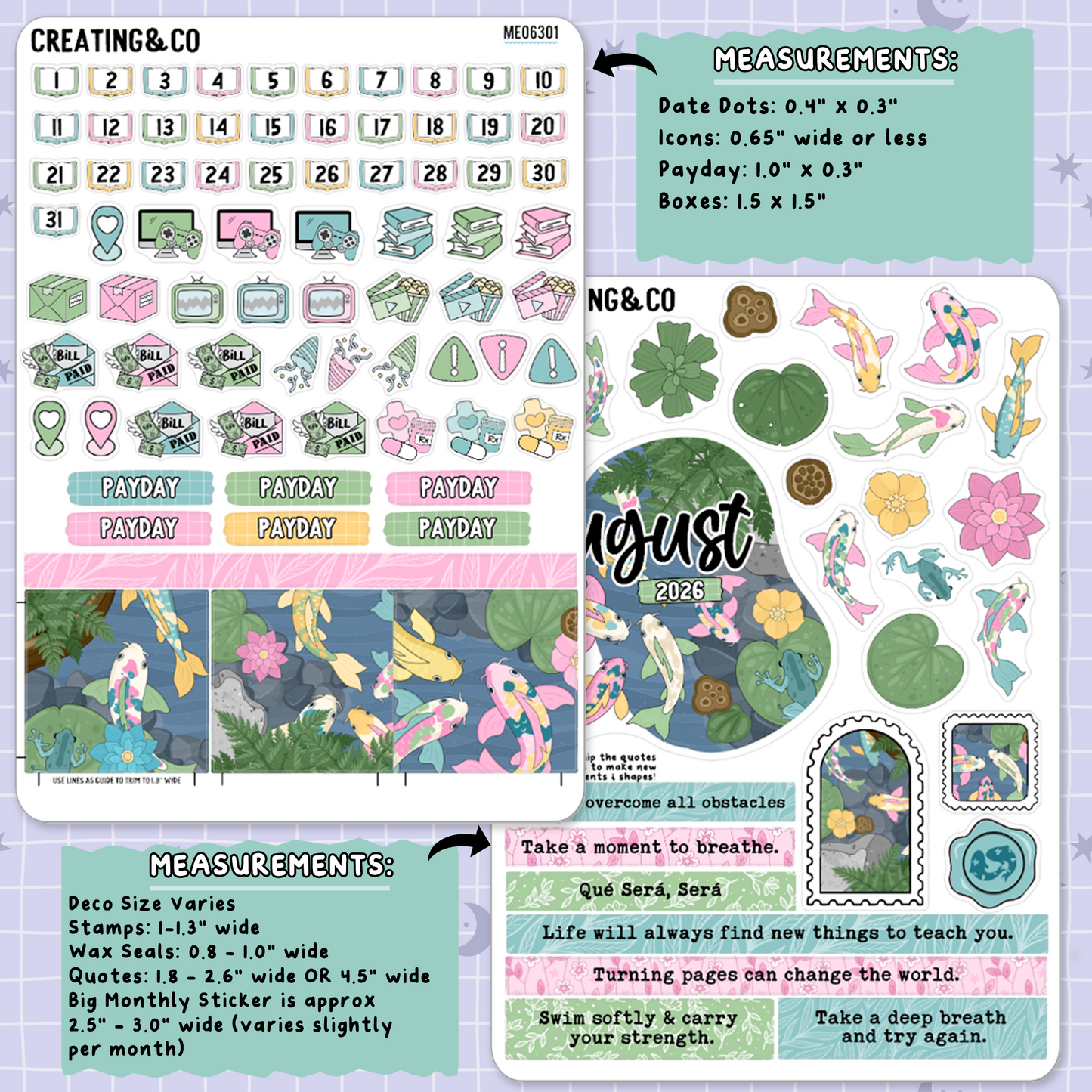Tranquil Pond August Decorative & Functional Planner Sticker Kit  - ME063