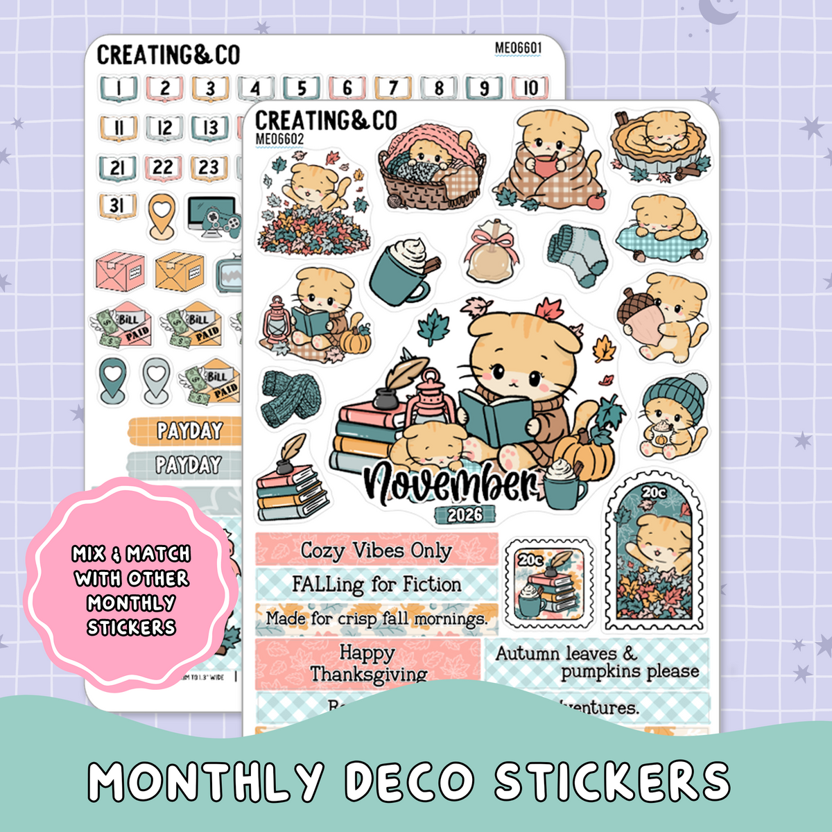 Cozy Cat November Decorative & Functional Planner Sticker Kit  - ME066