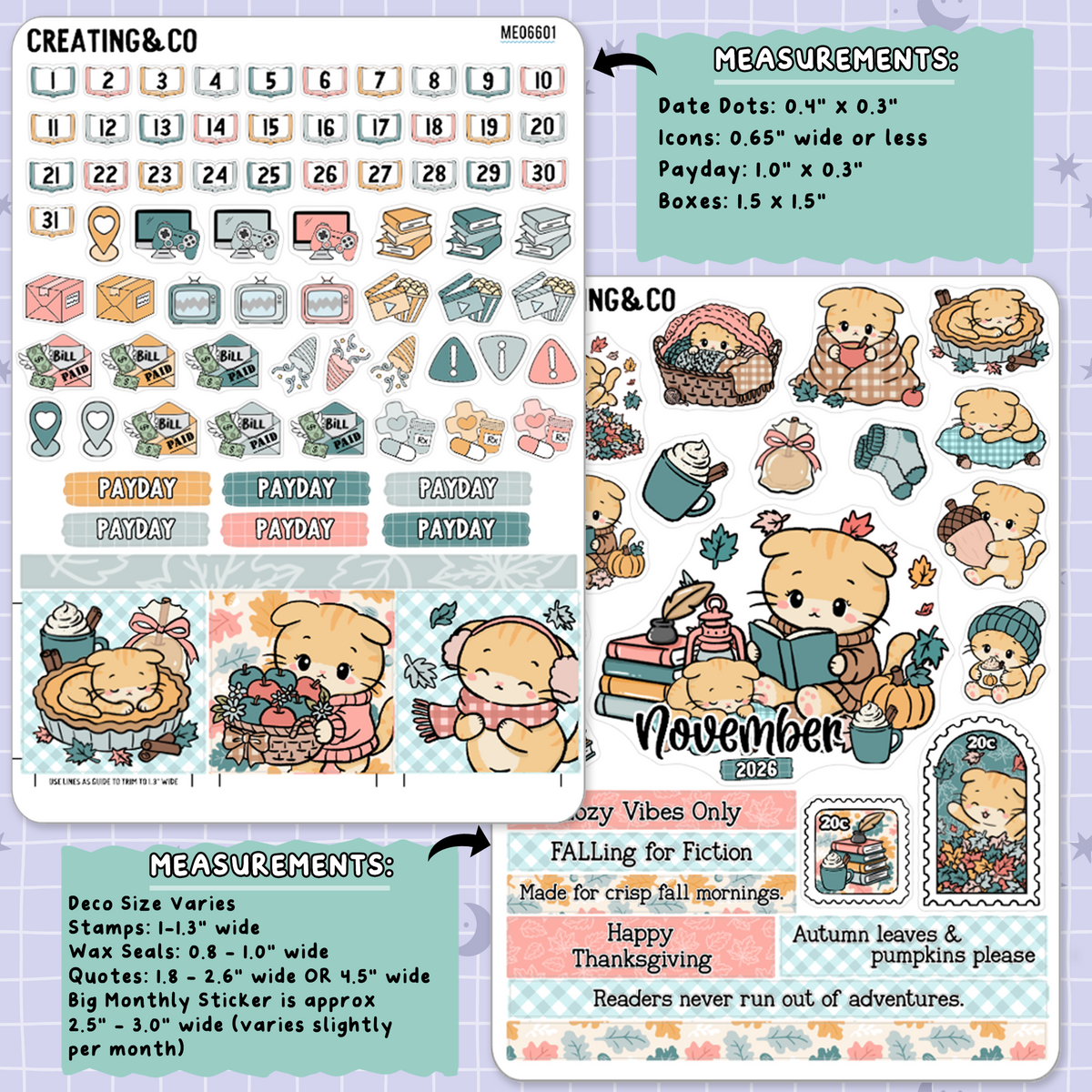 Cozy Cat November Decorative & Functional Planner Sticker Kit  - ME066