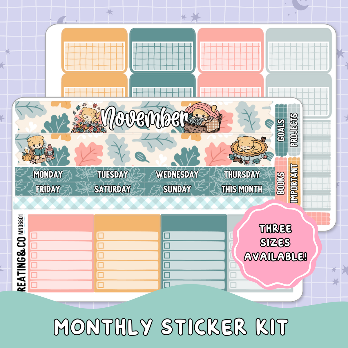 Cozy Cat November Monthly Planner Sticker Kit  - MN/HBM/MS066