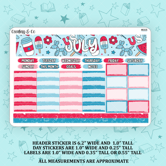July Patriotic Monthly Kit for Small Planners (1.0" wide columns) - MS035