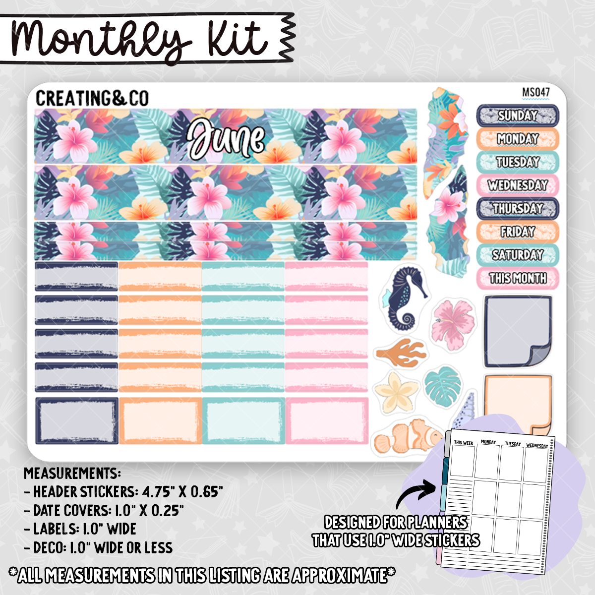 June Monthly Kit for Small Planners (1.0" wide columns) - MS047