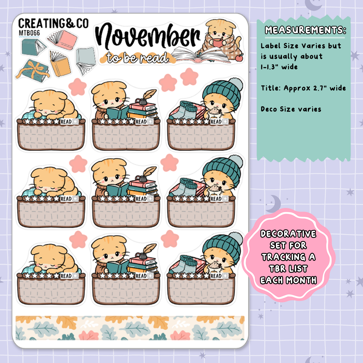 Cozy Cat November Monthly To Be Read Planner Sticker Kit  - MTB066