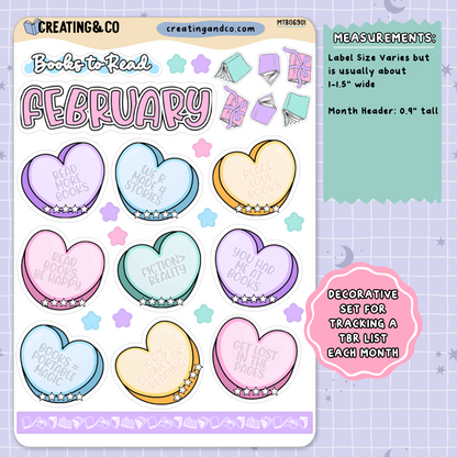Candy Hearts February Monthly Reading Challenge + To Be Read Planner Sticker Kit  - MTB069