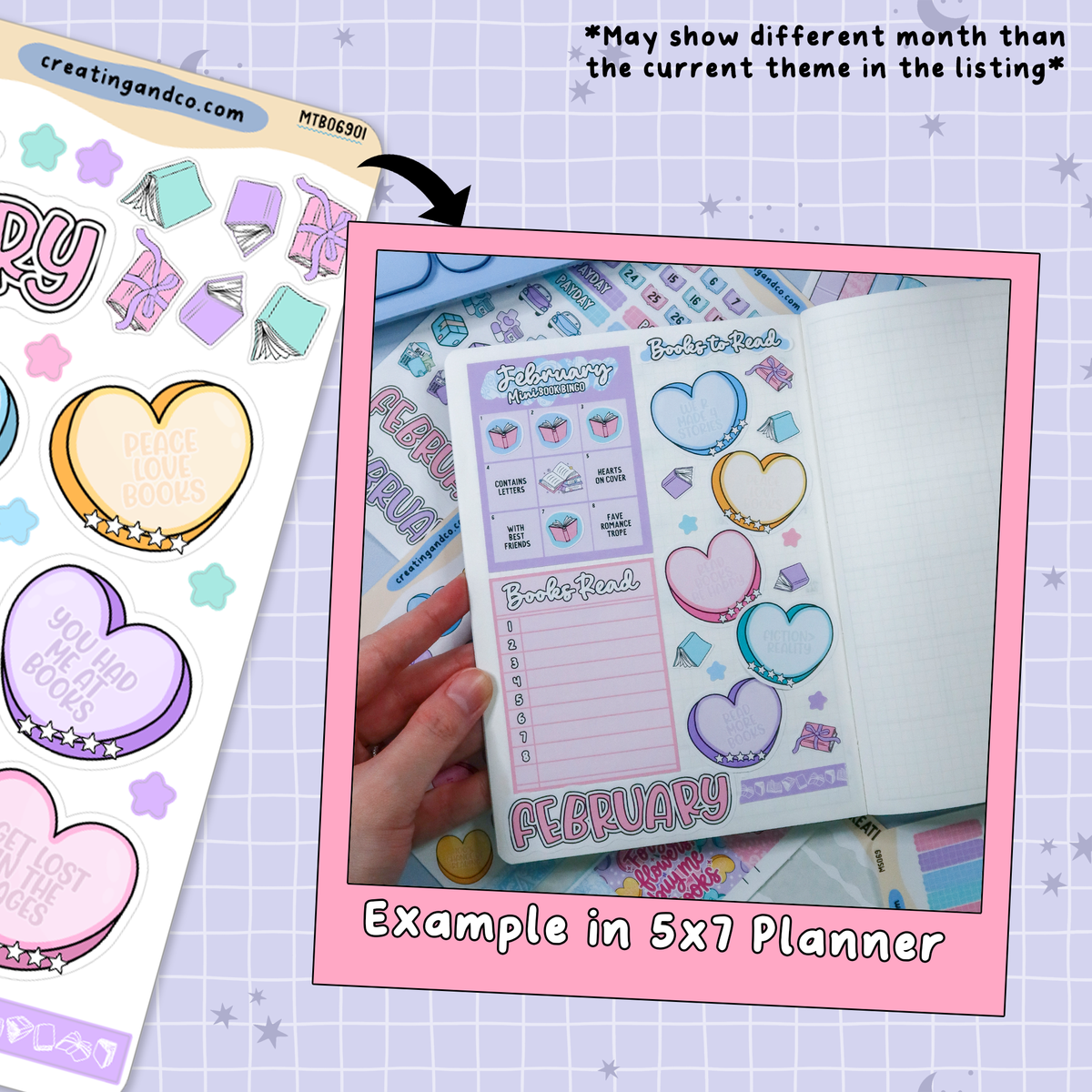 Candy Hearts February Monthly Reading Challenge + To Be Read Planner Sticker Kit  - MTB069