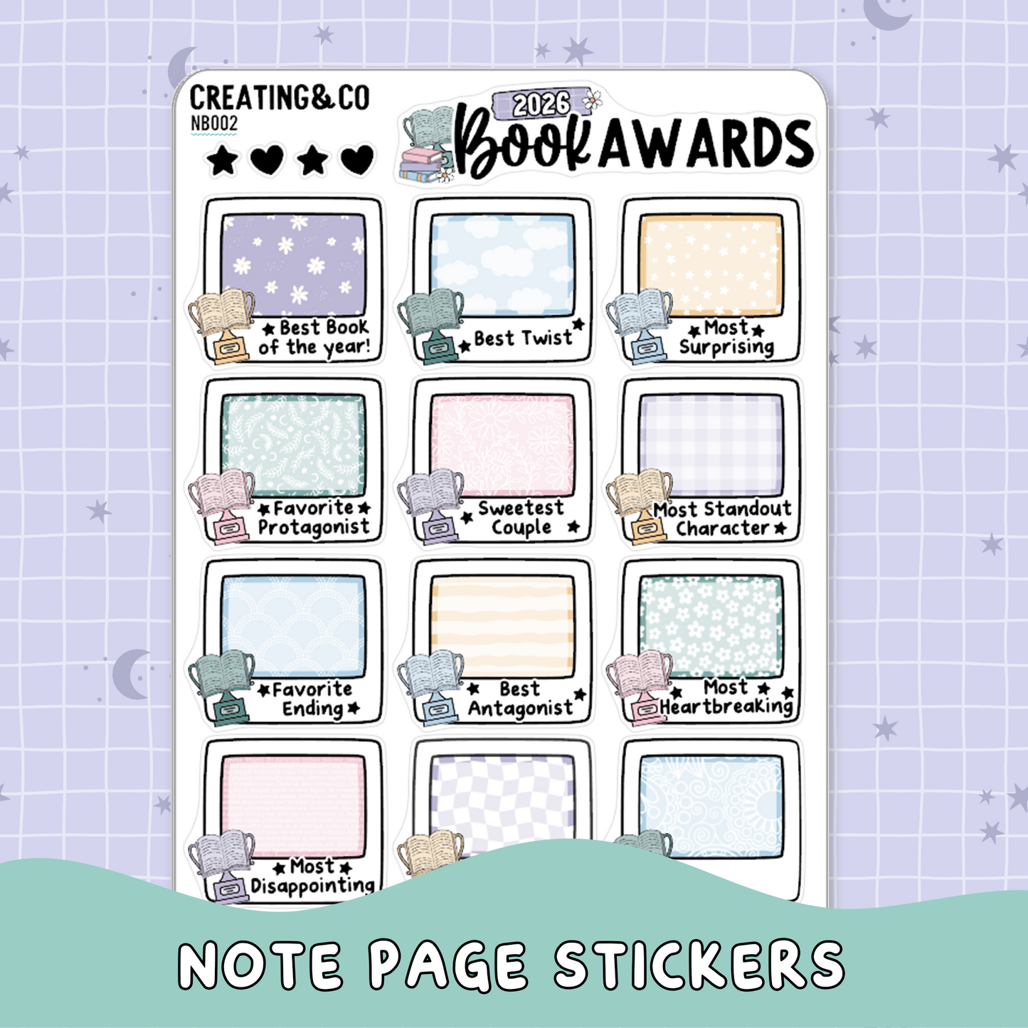 2026 Book Award Note Page Planner & Journal Sticker Sheet Set - NB002