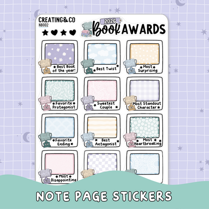 2026 Book Award Note Page Planner & Journal Sticker Sheet Set - NB002
