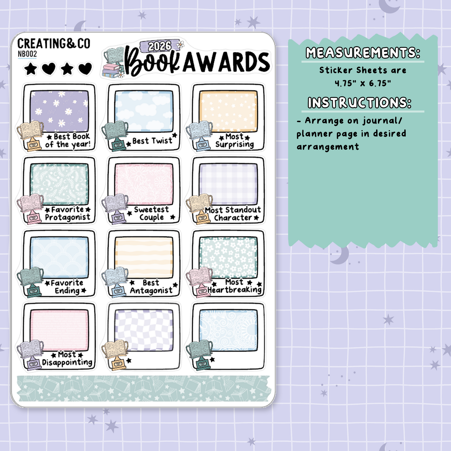 2026 Book Award Note Page Planner & Journal Sticker Sheet Set - NB002