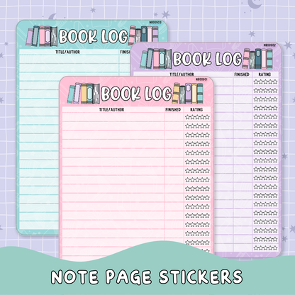 Book Log Tracker Note Page Planner & Journal Sticker Sheet Set - NB005