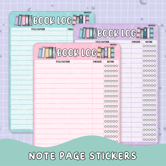 Book Log Tracker Note Page Planner & Journal Sticker Sheet Set - NB005