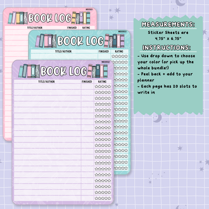 Book Log Tracker Note Page Planner & Journal Sticker Sheet Set - NB005