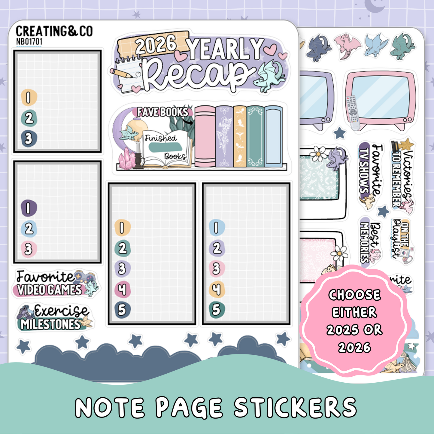Yearly Media & Life Recap Note Page Planner & Journal Sticker Sheet Set - NB016/17