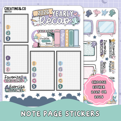 Yearly Media & Life Recap Note Page Planner & Journal Sticker Sheet Set - NB016/17