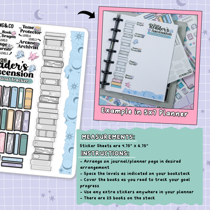 The Reader's Ascension Book Goal Progress Tracker Planner & Journal Sticker Sheet Set - NB021