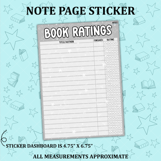 Book Ratings Notes Page Sticker Dashboard - NP002