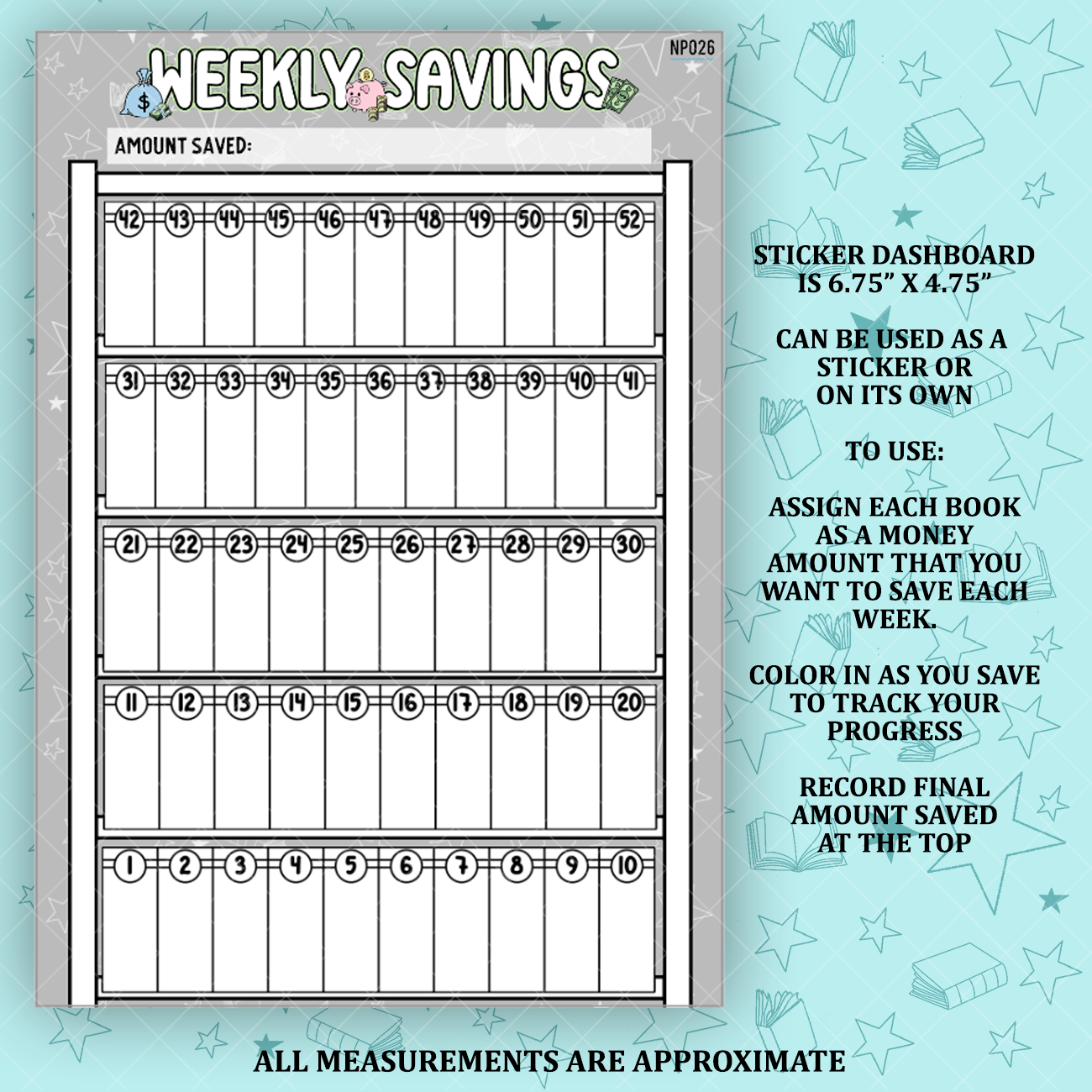 Weekly Savings Plan Book Shelf Notes Page Sticker Dashboard - NP026