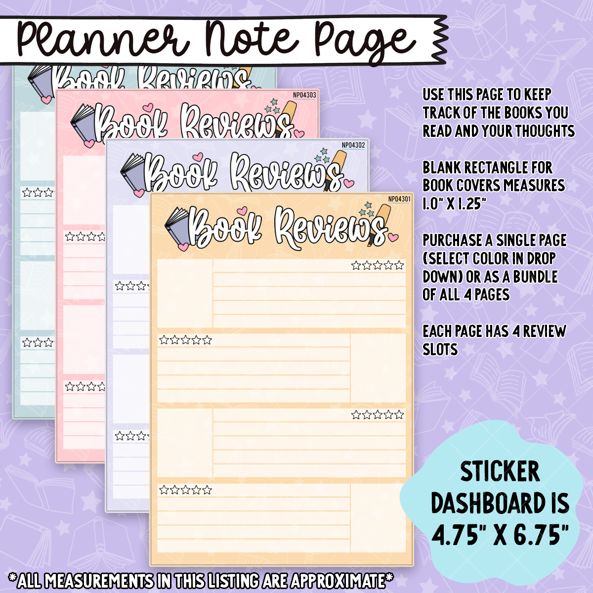 Book Review Notes Page Sticker Dashboard Set - NP043