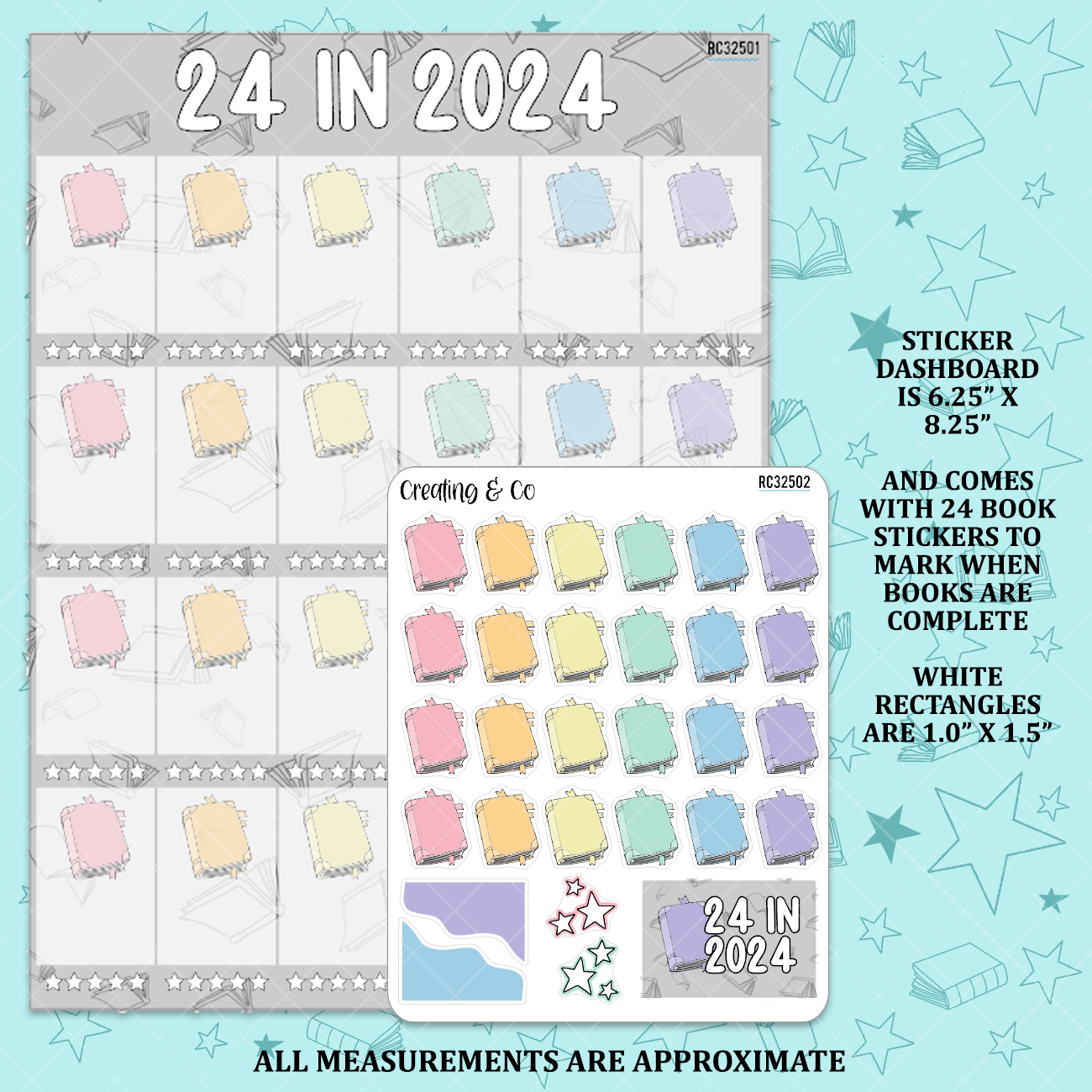 24 Books in 2024 Reading Challenge Dashboard and Sticker Trackers for 7x9 Planners - RC325