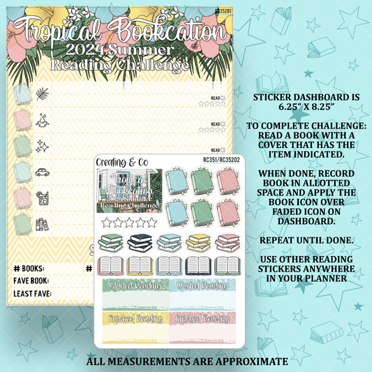 Tropical Bookcation Book Cover Scavenger Hunt Reading Challenge Dashboard and Sticker Trackers for 7x9 Planners - RC352