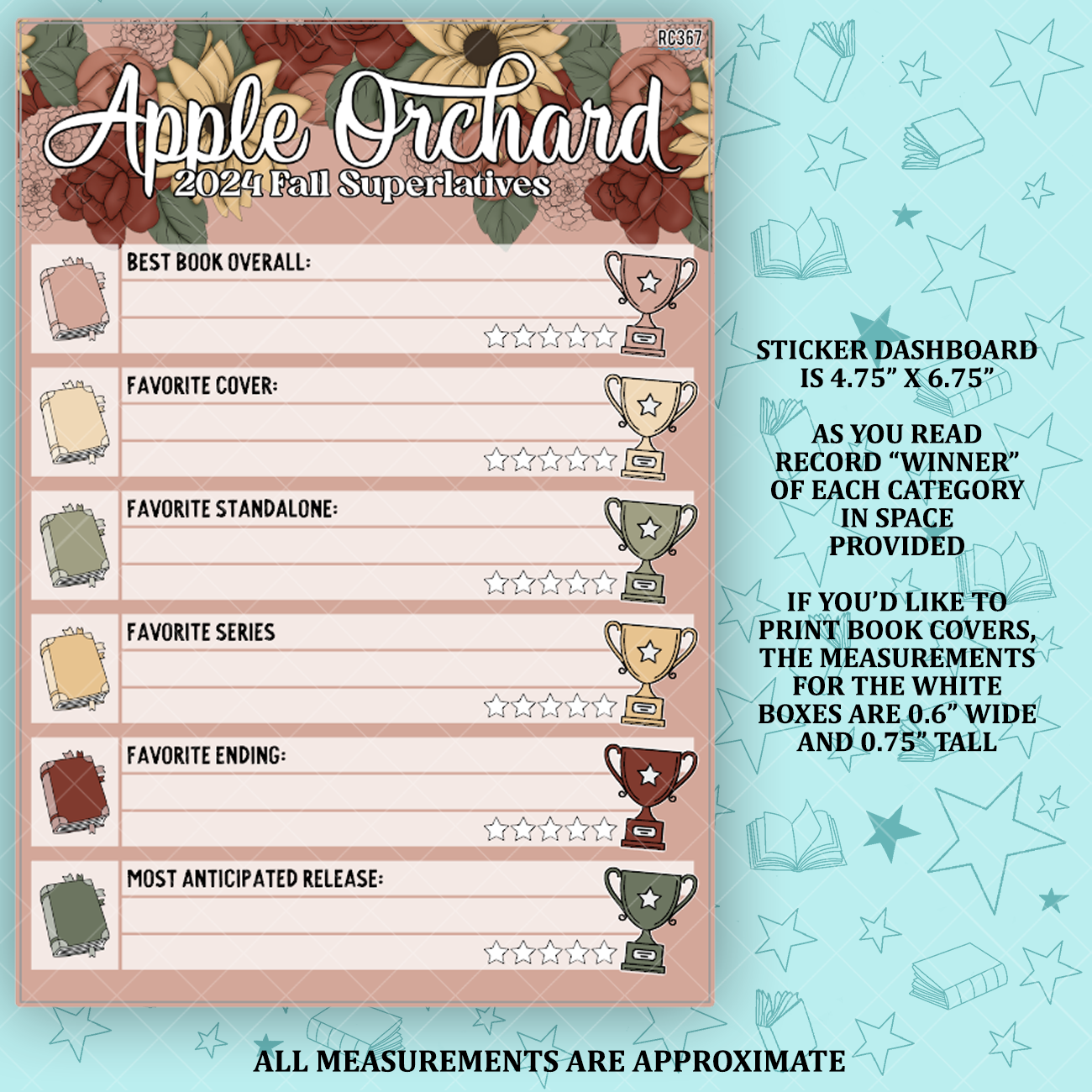 Apple Orchard Fall 2024 Book Superlative 5x7 Dashboard and Sticker Tracker - RC367