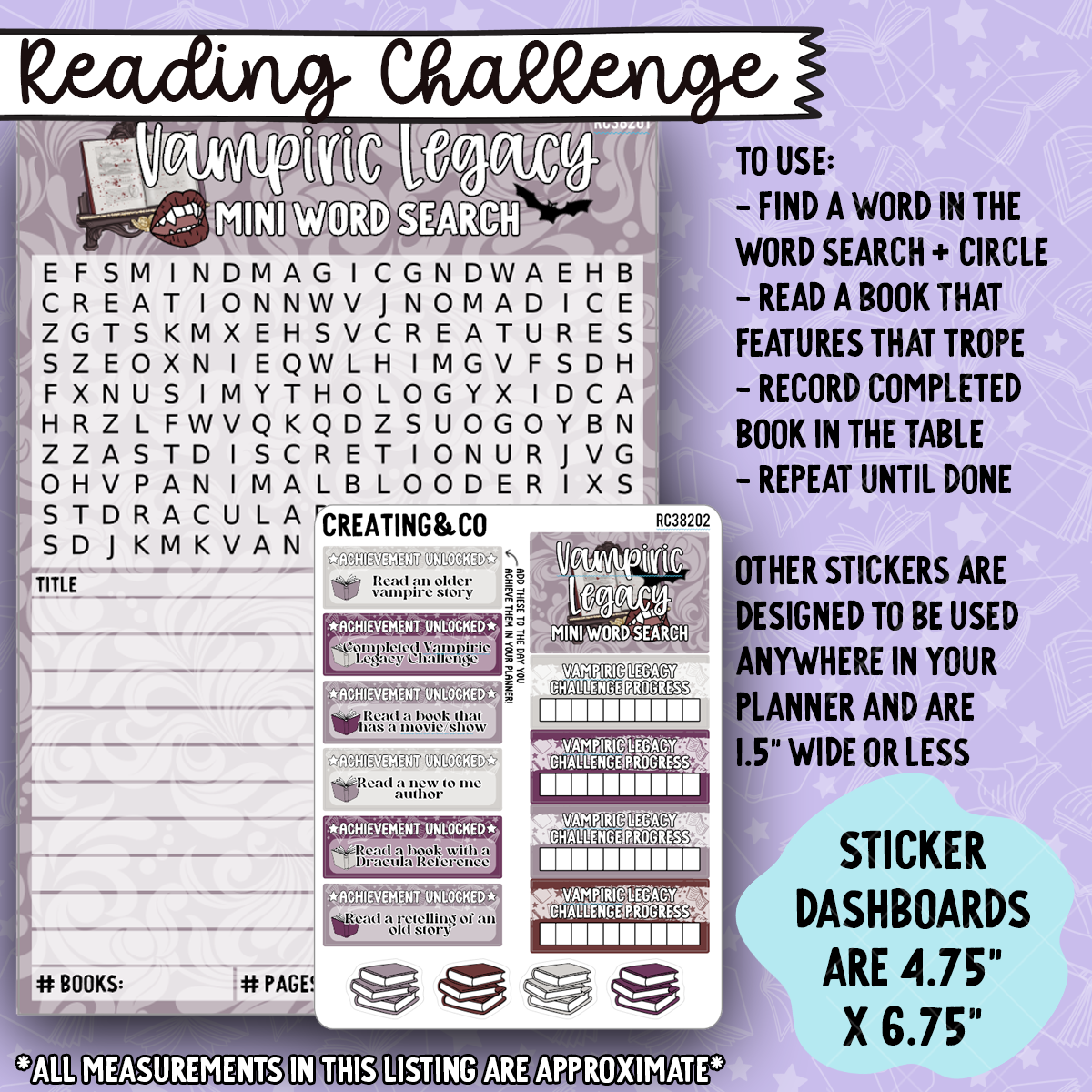 Vampiric Legacy 5x7 Mini Word Search Reading Challenge Dashboard and Sticker Trackers - RC382