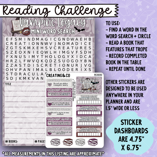 Vampiric Legacy 5x7 Mini Word Search Reading Challenge Dashboard and Sticker Trackers - RC382