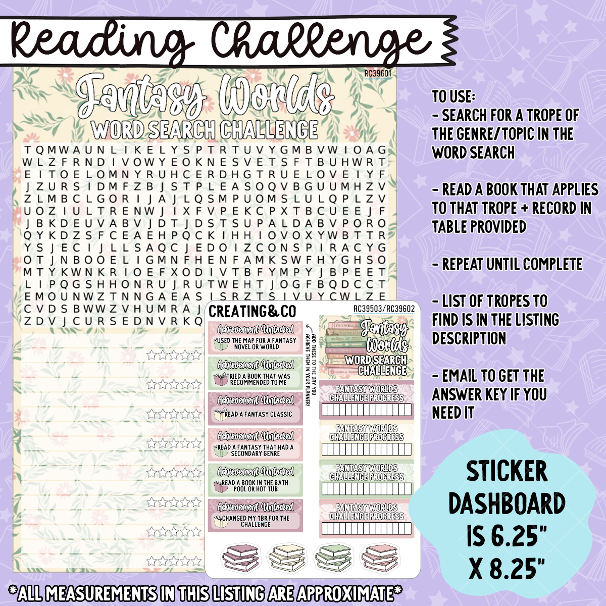 Fantasy Worlds Fantasy Trope Word Search V2 Dashboard and Sticker Trackers for 7x9 Planners - RC396