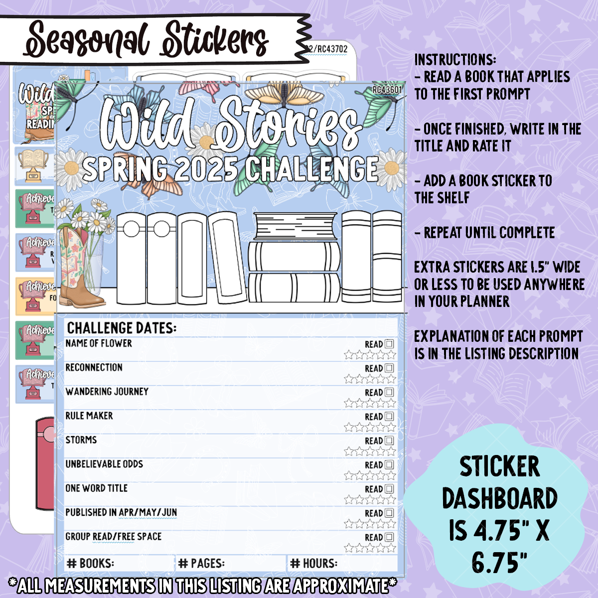 Wild Stories 2025 Spring Reading Challenge 5x7 Dashboard and Sticker Trackers - RC436