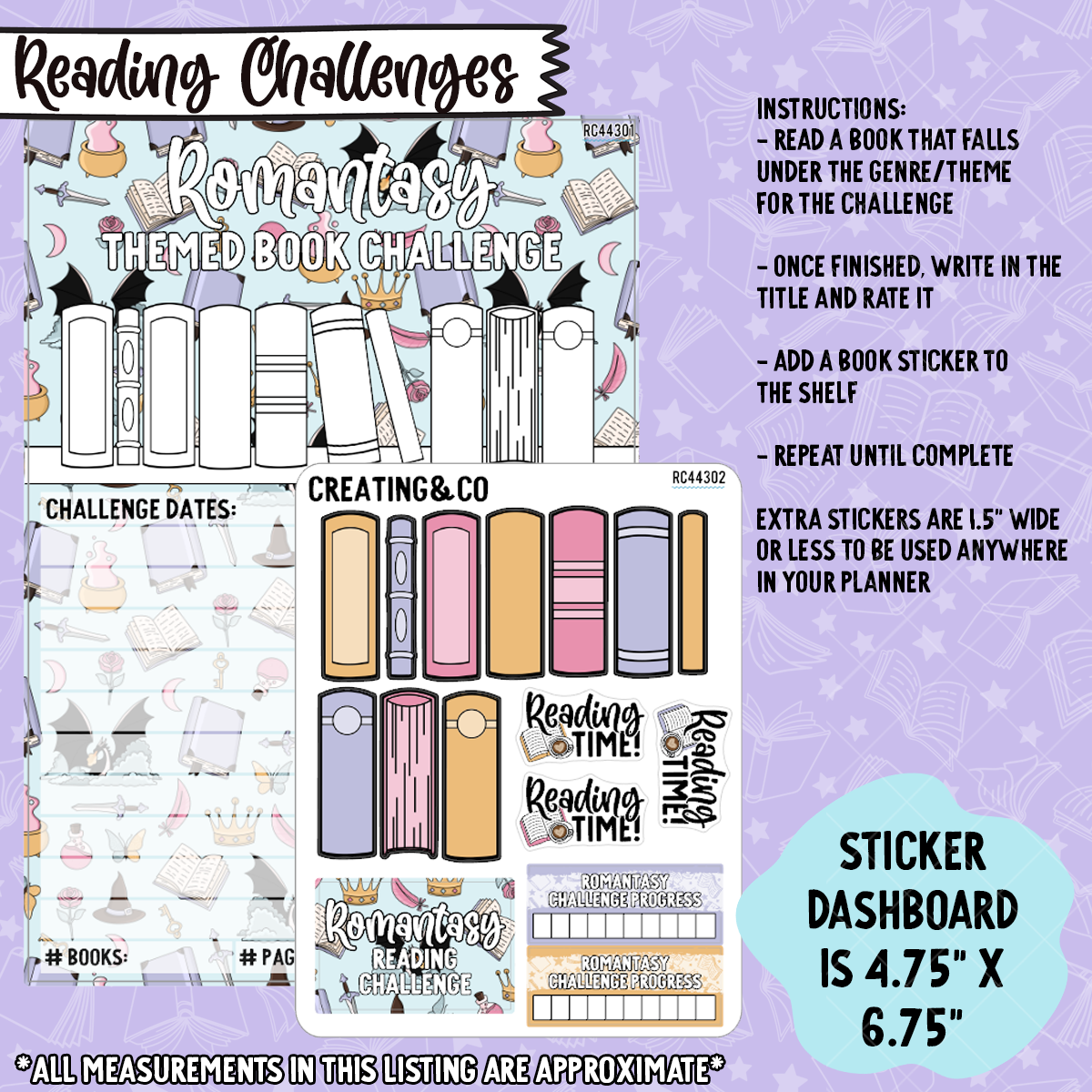 Romantasy Theme Reading Challenge 5x7 Dashboard and Sticker Trackers - RC443