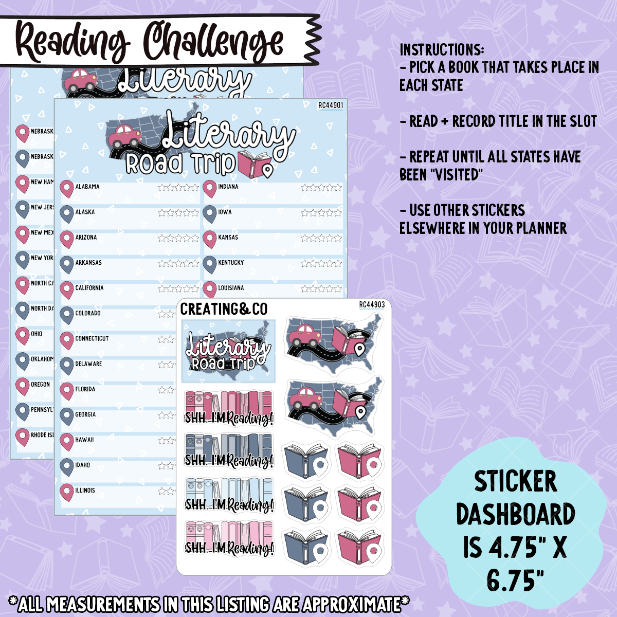 Literary Road Trip Reading Challenge 5x7 Dashboard and Sticker Trackers - RC449