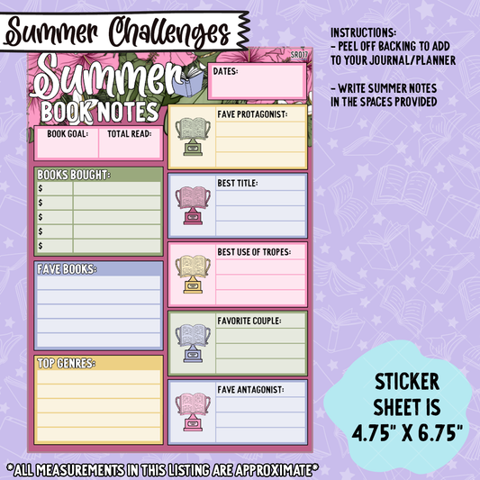 Book Notes - Lost Pages 2025 Summer Notes Page Sticker Dashboard - SR017