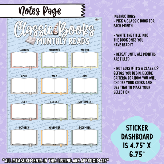 Monthly Classic Books Notes Page Sticker Dashboard - NP047