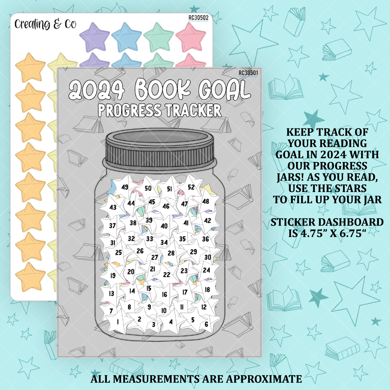 Yearly Reading Goal Jar Tracker 5x7 Dashboard and Sticker Tracker - 52 Books - RC305