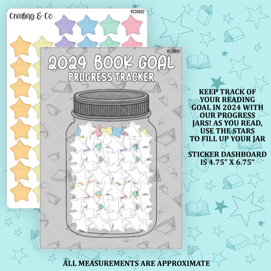 Yearly Reading Goal Jar Tracker 5x7 Dashboard and Sticker Tracker - 50 Stars - RC306