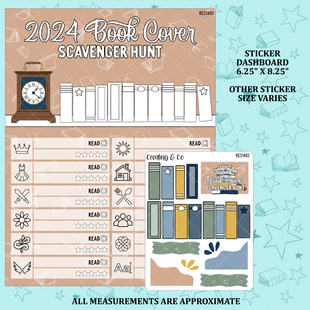 Book Cover Scavenger Hunt Reading Challenge Dashboard and Sticker Trackers for 7x9 Planners - RC314