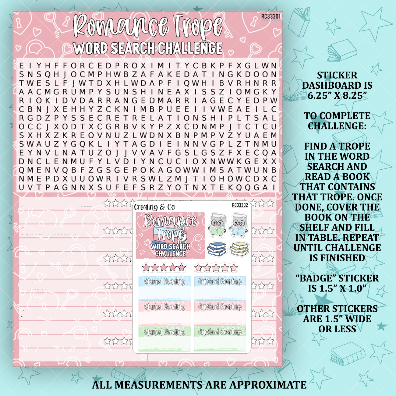 Romance Trope Word Search Reading Challenge Dashboard and Sticker Trackers for 7x9 Planners - RC333