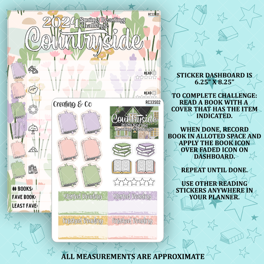 Spring Countryside Book Cover Scavenger Hunt Reading Challenge Dashboard and Sticker Trackers for 7x9 Planners - RC335