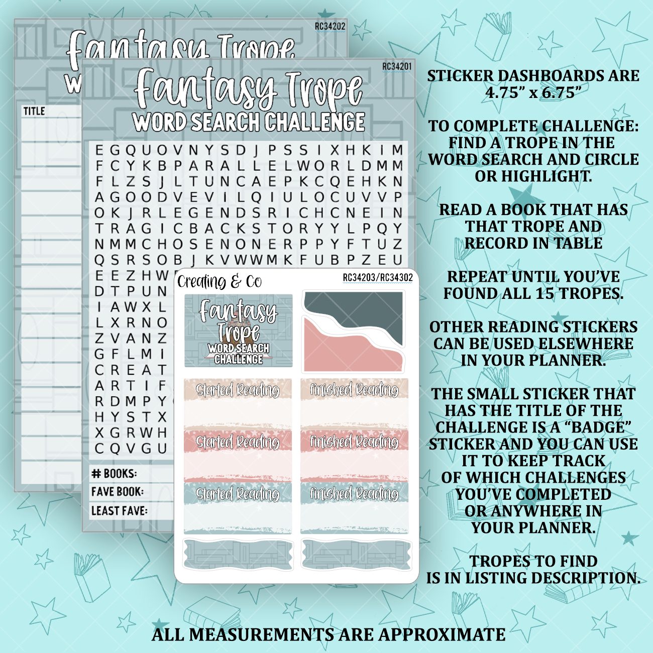 Fantasy Trope Word Search 5x7 Dashboard and Sticker Trackers - RC342