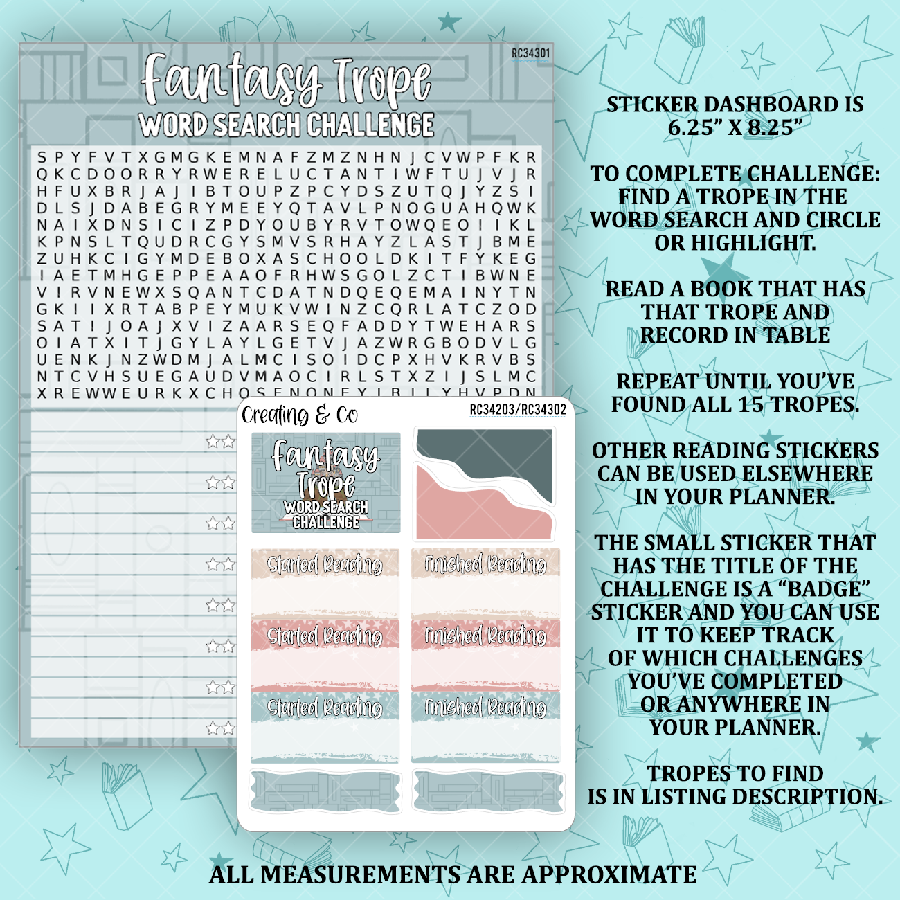 Fantasy Trope Word Search Reading Challenge Dashboard and Sticker Trackers for 7x9 Planners - RC343