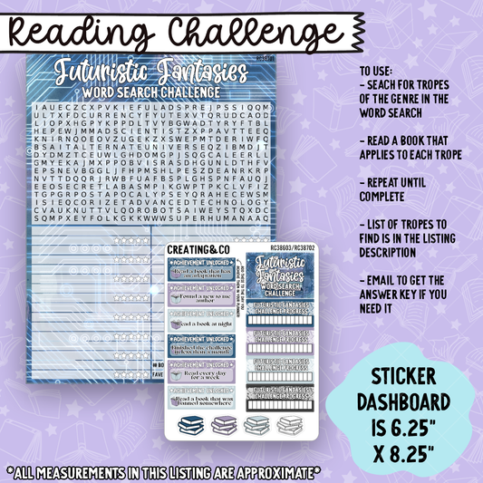 Futuristic Fantasies Science Fiction Trope Word Search Reading Challenge Dashboard and Sticker Trackers for 7x9 Planners - RC387