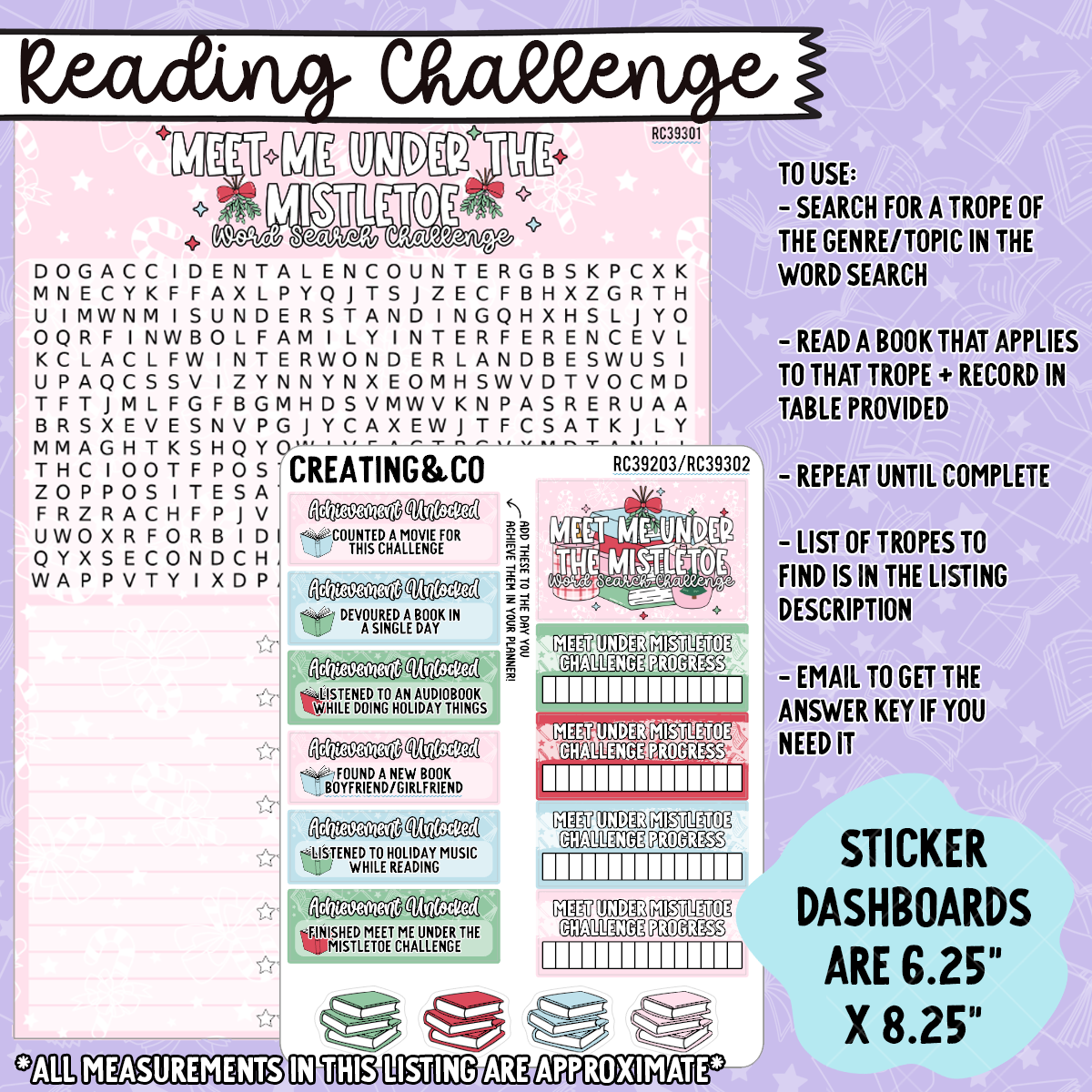 Meet Me Under the Mistletoe Christmas Trope Word Search Reading Challenge Dashboard and Sticker Trackers for 7x9 Planners - RC393