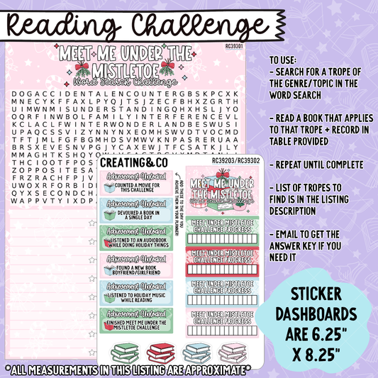 Meet Me Under the Mistletoe Christmas Trope Word Search Reading Challenge Dashboard and Sticker Trackers for 7x9 Planners - RC393