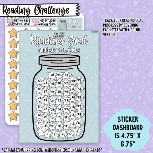 Yearly Reading Goal Jar Tracker 5x7 Dashboard and Sticker Tracker - 52 Stars - RC409