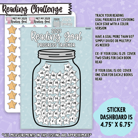 Yearly Reading Goal Jar Tracker 5x7 Dashboard and Sticker Tracker - 50 Stars - RC411