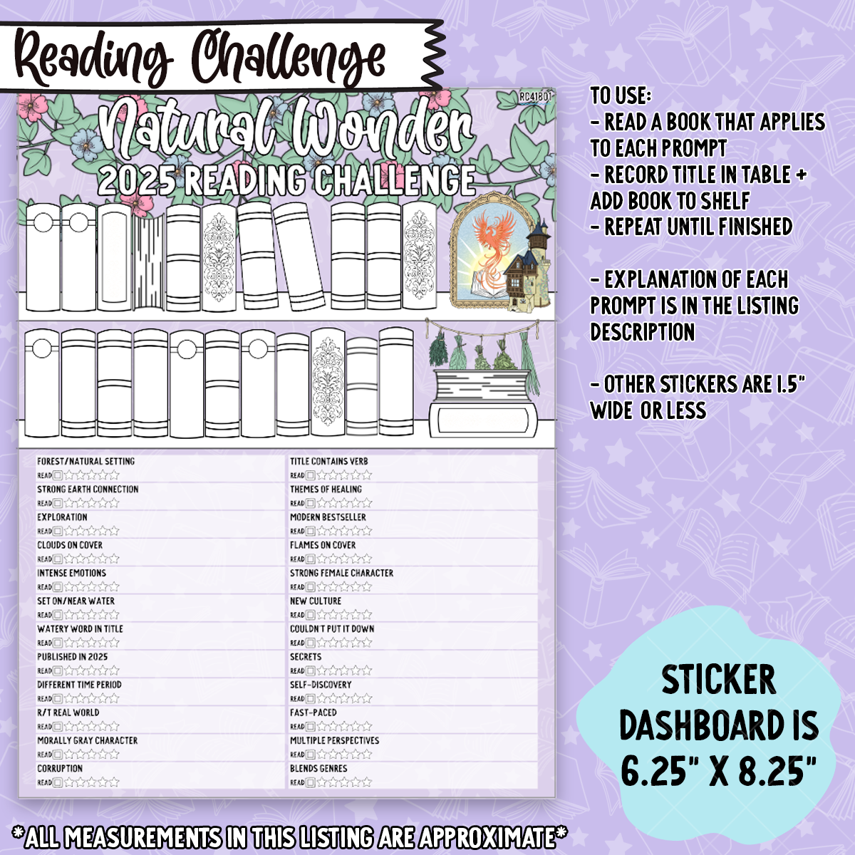 Natural Wonder 2025 Annual Reading Challenge Dashboard and Sticker Trackers for 7x9 Planners - RC418