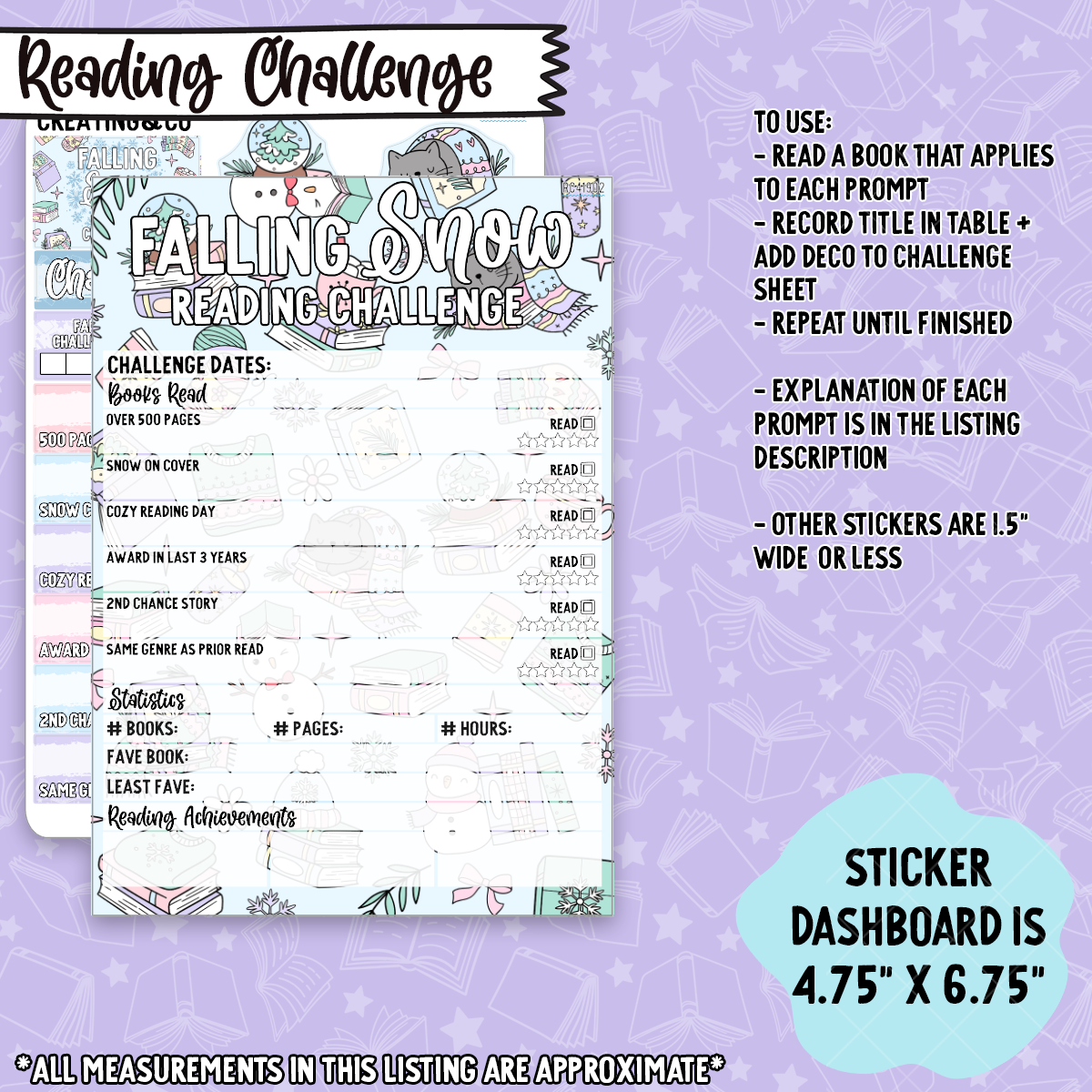 Falling Snow 5x7 Reading Challenge Dashboard and Sticker Trackers - RC419