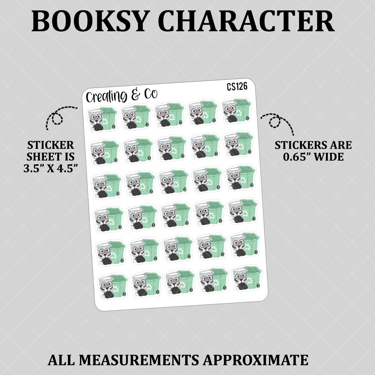 Trash Day, Recycle Booksy Character Functional Stickers - CS126