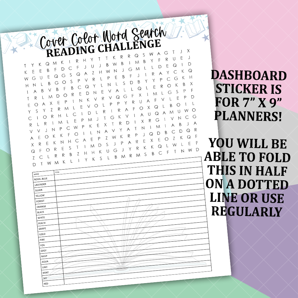 Cover Color Word Search Reading Challenge Dashboard and Sticker Trackers for 7x9 Planners - RC085