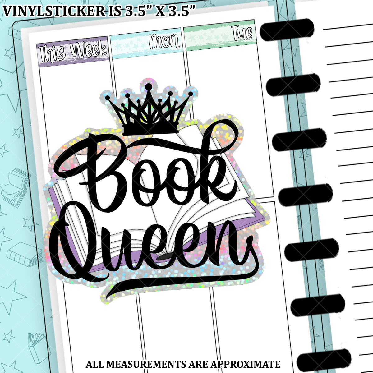 Book Queen Reading Royalty Glitter Vinyl Die Cut Sticker - BQRRVS